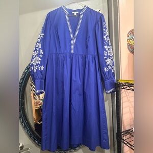 Vibrant Blue Cotton Dress with White Embroidery